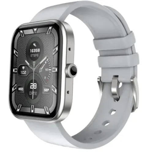 Zero Ignite A analog smartwatch with a digital display showing time and fitness metrics, with a grey silicone band and a silver metal case.