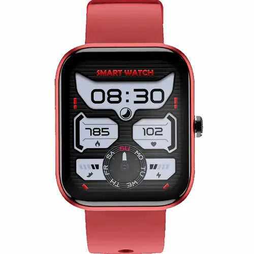 Zero Ignite A analog smartwatch with a digital display showing time and fitness metrics, with a red silicone band and a red metal case.