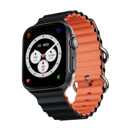 A Zero Jaguar Smart Watch with a  black orange band and a digital display showing time and fitness metrics.
