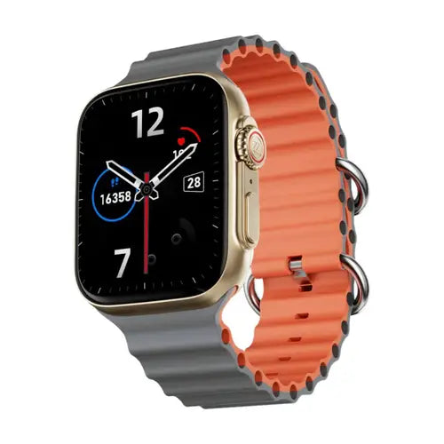 A Grey Orange Zero Jaguar Smart Watch with a Grey Orange band and a digital display showing time and fitness metrics.
