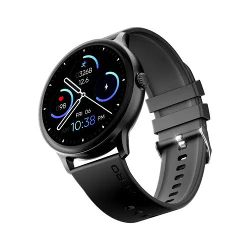 A Zero Luna Smart Watch with a black case and a black band. The watch face displays various metrics such as heart rate, blood oxygen, and steps taken.