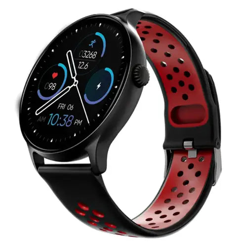 A Zero Luna Smart Watch with a black case and a black band featuring red accents. The watch face displays various metrics such as heart rate, blood oxygen, and steps taken.