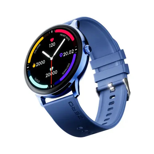 A Zero Luna Smart Watch with a blue case and a blue band. The watch face displays various metrics such as heart rate, blood oxygen, and steps taken.