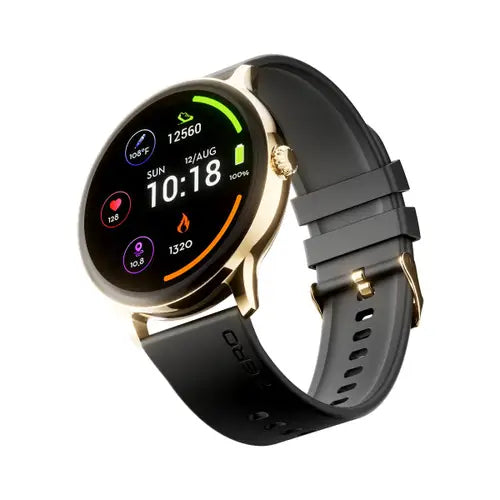  A Zero Luna Smart Watch with a gold case and a golden black band. The watch face displays various metrics such as heart rate, blood oxygen, and steps taken.