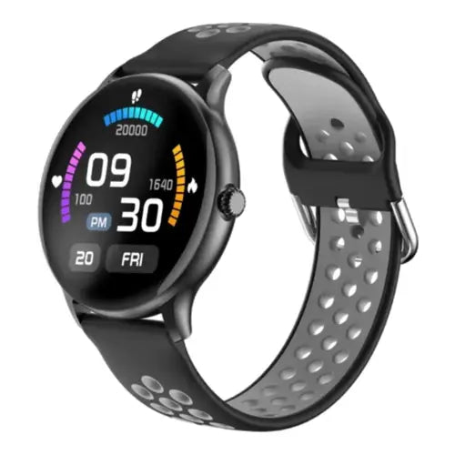 A Zero Luna Smart Watch with a black case and doted black band. The watch face displays various metrics such as heart rate, blood oxygen, and steps taken.