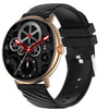 Zero Orbit HD Bright Display A digital smartwatch with a black band and a gold-colored case featuring a black dial with gear-like design elements and red accents.