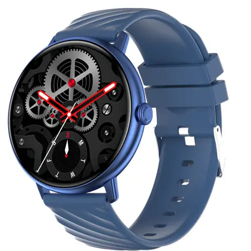 Zero Orbit HD Bright Display A digital smartwatch with a blue band and a blue-colored case featuring a black dial with gear-like design elements and red accents.