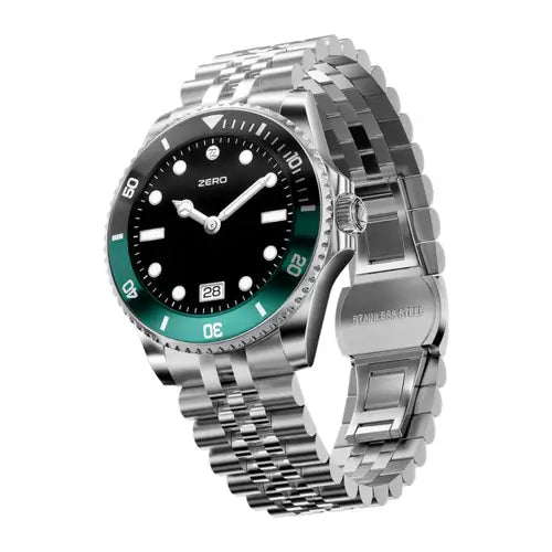 A Zero regal ai smart watch with a green & black watch face, displayed on a white background.