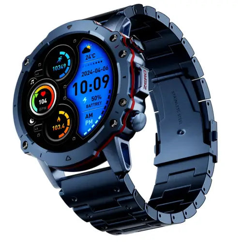 Revoltt Pro A digital smartwatch with a metallic band and case, featuring a blue dial with blue accents and multiple display modes.