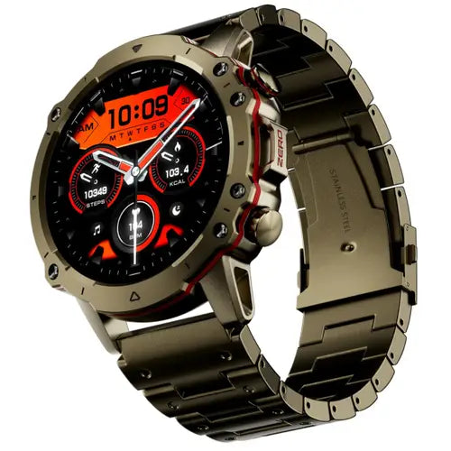 Revoltt Pro A digital smartwatch with a metallic band and case, featuring a black dial with red accents and multiple display modes.