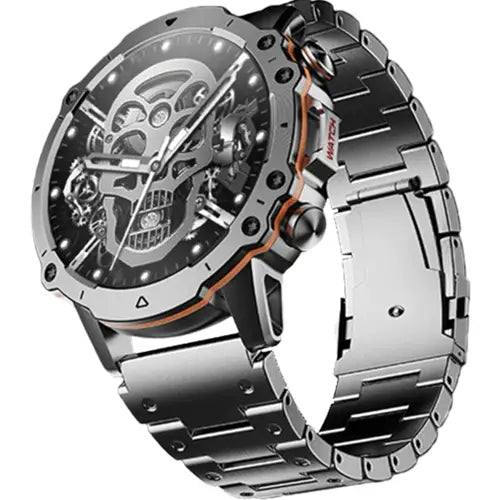 Zero Revoltt Smart Watch Silver watch with skull design on a white background