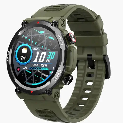 Zero Ultra Rugged Defender army green smartwatch with a silicone band and a digital display showing time and various smart watch features.