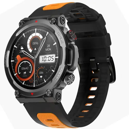 Zero Ultra Rugged Defender black and orange smartwatch with a silicone band and a digital display showing time and various smart watch features.