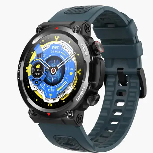Zero Ultra Rugged Defender steel blue smartwatch with a silicone band and a digital display showing time and various smart watch features.