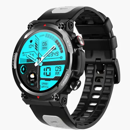 Zero Ultra Rugged Defender black colour smartwatch with a silicone band and a digital display showing time and various smart watch features.