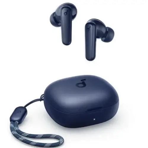 A pair of Anker Soundcore R50i wireless earbuds in blue color, with a charging case and a neck strap.