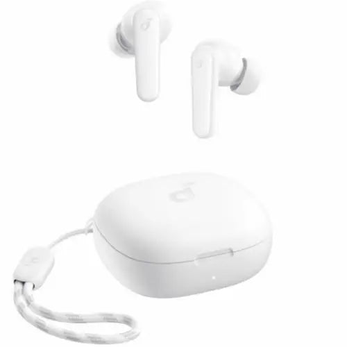 A pair of Anker Soundcore R50i wireless earbuds in white color, with a charging case and a neck strap.