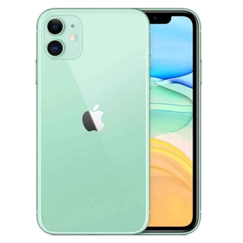 This image displays the Apple iPhone 11 in a green color. The phone's sleek design is highlighted with a pure, vibrant red finish that covers the back, camera module, and the iconic Apple logo.