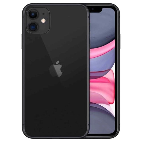 This image displays the Apple iPhone 11 in a black color. The phone's sleek design is highlighted with a pure, vibrant red finish that covers the back, camera module, and the iconic Apple logo.