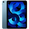 This image features the Apple iPad Air 5, presented in a striking blue color. The tablet is displayed in a landscape orientation, showcasing its vibrant screen filled with a colorful abstract wallpaper.