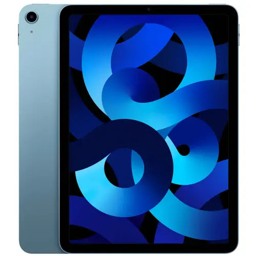 This image features the Apple iPad Air 5, presented in a striking blue color. The tablet is displayed in a landscape orientation, showcasing its vibrant screen filled with a colorful abstract wallpaper.