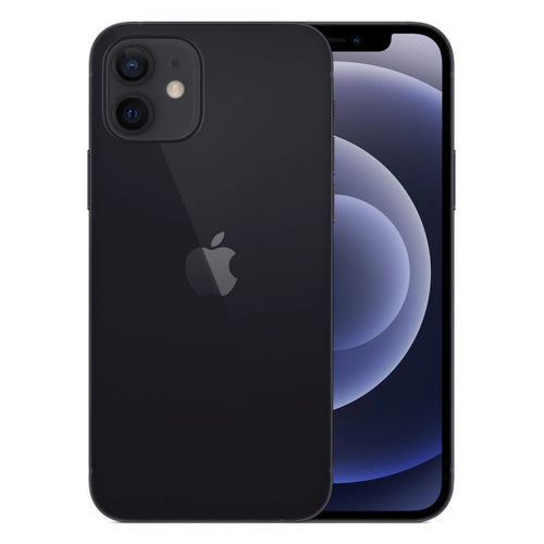 This image features the Apple iPhone 12 in a black color. The phone's design is sleek and modern, with a smooth finish and rounded edges.