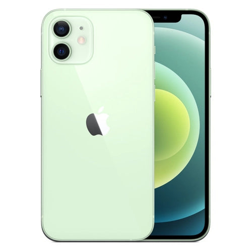 This image features the Apple iPhone 12 in a striking green color. The phone's design is sleek and modern, with a smooth finish and rounded edges.