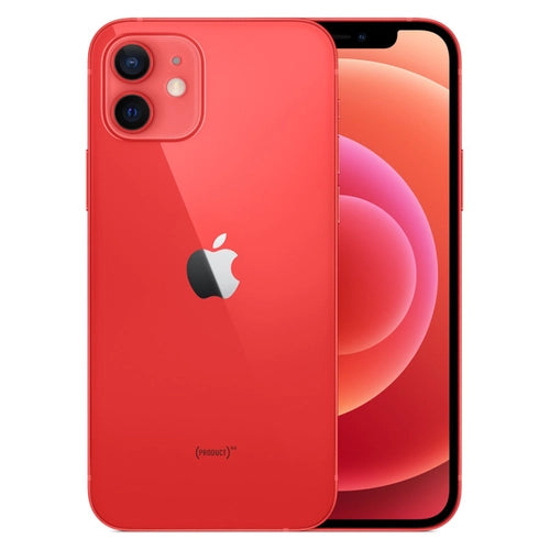 This image features the Apple iPhone 12 in a red color. The phone's design is sleek and modern, with a smooth finish and rounded edges.