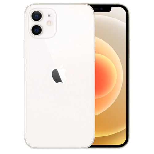 This image features the Apple iPhone 12 in a white color. The phone's design is sleek and modern, with a smooth finish and rounded edges.