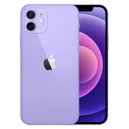 This image features the Apple iPhone 12 in a purple color. The phone's design is sleek and modern, with a smooth finish and rounded edges.