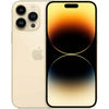This image displays the Apple iPhone 14 Pro Max of golden color, showcasing its sleek design and advanced features. The phone is presented in a stylish matte black finish, emphasizing its modern aesthetic.