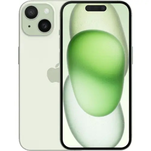 This image features the highly anticipated Apple iPhone 15, showcased in a sleek green color. The phone is presented in a vertical orientation, highlighting its sturdy design and glossy finish.