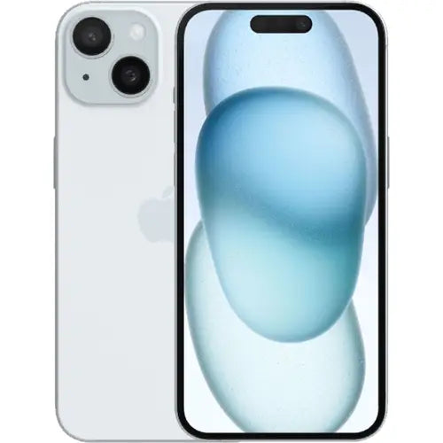 This image features the highly anticipated Apple iPhone 15, showcased in a sleek blue color. The phone is presented in a vertical orientation, highlighting its sturdy design and glossy finish.