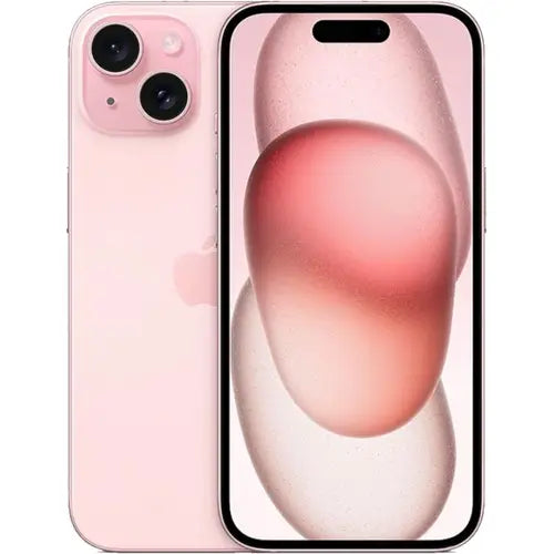 This image features the highly anticipated Apple iPhone 15, showcased in a sleek pink color. The phone is presented in a vertical orientation, highlighting its sturdy design and glossy finish.