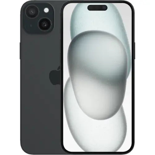 This image features a sleek, modern Apple iPhone 15 Plus in a sophisticated black color. The phone showcases a prominent display with minimal bezels, enhancing the visual experience with its high-resolution screen.