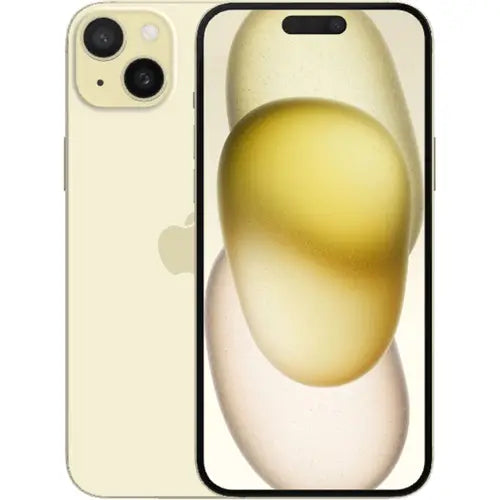 This image features a sleek, modern Apple iPhone 15 Plus in a sophisticated yellow color. The phone showcases a prominent display with minimal bezels, enhancing the visual experience with its high-resolution screen.