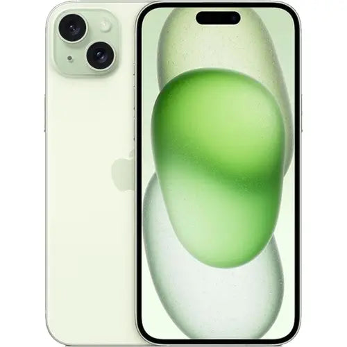 This image features a sleek, modern Apple iPhone 15 Plus in a sophisticated green color. The phone showcases a prominent display with minimal bezels, enhancing the visual experience with its high-resolution screen.