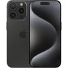 This image features the Apple iPhone 15 Pro of black colour, presented in a sleek Graphite color. The phone's design showcases a prominent, curved display that fills most of the front, with a small notch at the top housing the front camera and sensors.