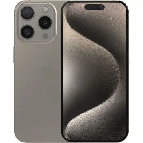 This image features the Apple iPhone 15 Pro of silver colour, presented in a sleek Graphite color. The phone's design showcases a prominent, curved display that fills most of the front, with a small notch at the top housing the front camera and sensors.