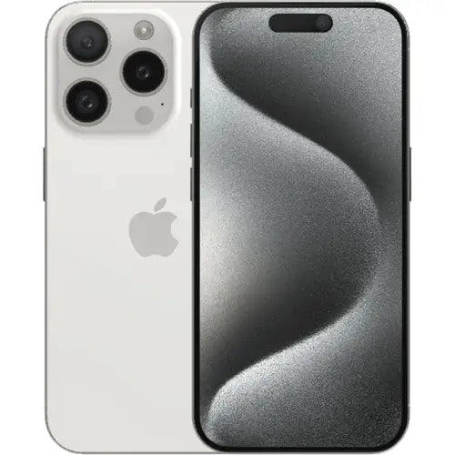 This image features the Apple iPhone 15 Pro of white colour, presented in a sleek Graphite color. The phone's design showcases a prominent, curved display that fills most of the front, with a small notch at the top housing the front camera and sensors.