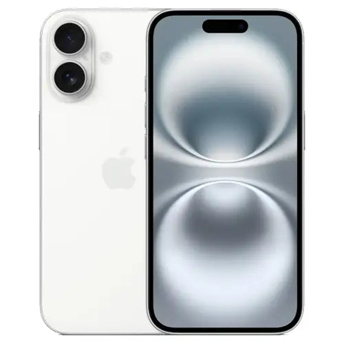 This image features a sleek, modern Apple iPhone 16 in a sophisticated white color. The smartphone showcases a prominent display with minimal bezels, enhancing the visual experience with vivid colors and clear visuals.