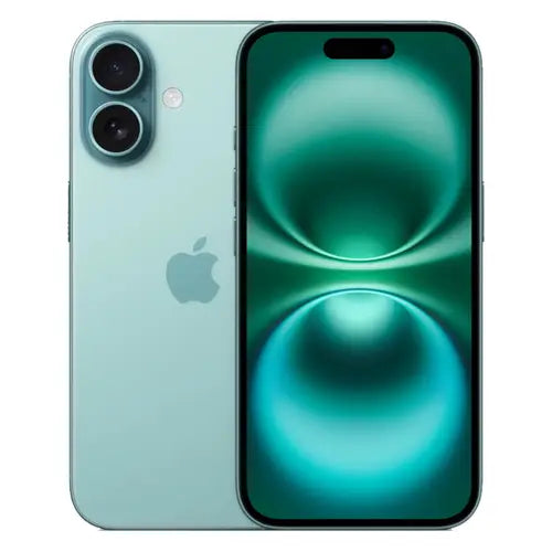 This image features a sleek, modern Apple iPhone 16 in a sophisticated green color. The smartphone showcases a prominent display with minimal bezels, enhancing the visual experience with vivid colors and clear visuals.