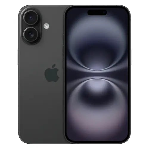 This image features a sleek, modern Apple iPhone 16 in a sophisticated black color. The smartphone showcases a prominent display with minimal bezels, enhancing the visual experience with vivid colors and clear visuals.
