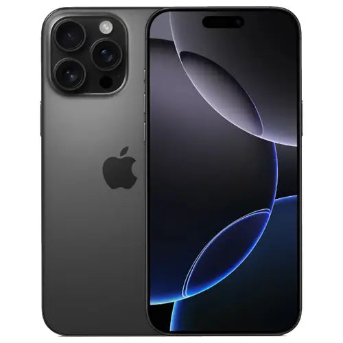 This image features the Apple iPhone 16 Pro Max, presented in a stylish black color. The phone showcases a sleek and modern design, with a prominent display that appears to be OLED technology, providing vibrant visuals.