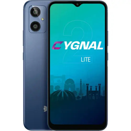 Dcode-cygnal-2-lite denim blue color smartphone with a colorful display and logo