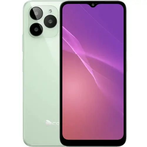 A mint green Dcode Cygnal 3 mobile phone with a purple display screen and dual camera system on the back.