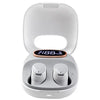 A pair of wireless stereo earbuds in white color, with a charging case open to reveal the earbuds inside. The case has a digital display on the front.