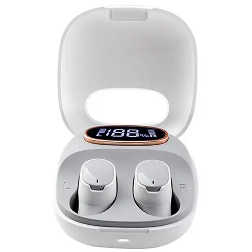 A pair of wireless stereo earbuds in white color, with a charging case open to reveal the earbuds inside. The case has a digital display on the front.