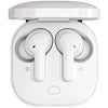 A pair of white True Wireless Stereo (TWS) Bluetooth earbuds in an open charging case.