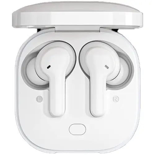 A pair of white True Wireless Stereo (TWS) Bluetooth earbuds in an open charging case.